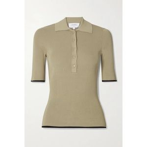 La Ligne Slinky Two-Tone Ribbed Knit Polo Shirt in Sand